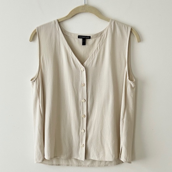 Eileen Fisher 100% Silk Georgette Crepe Button Front Sleeveless Top In Bone - Picture 1 of 16